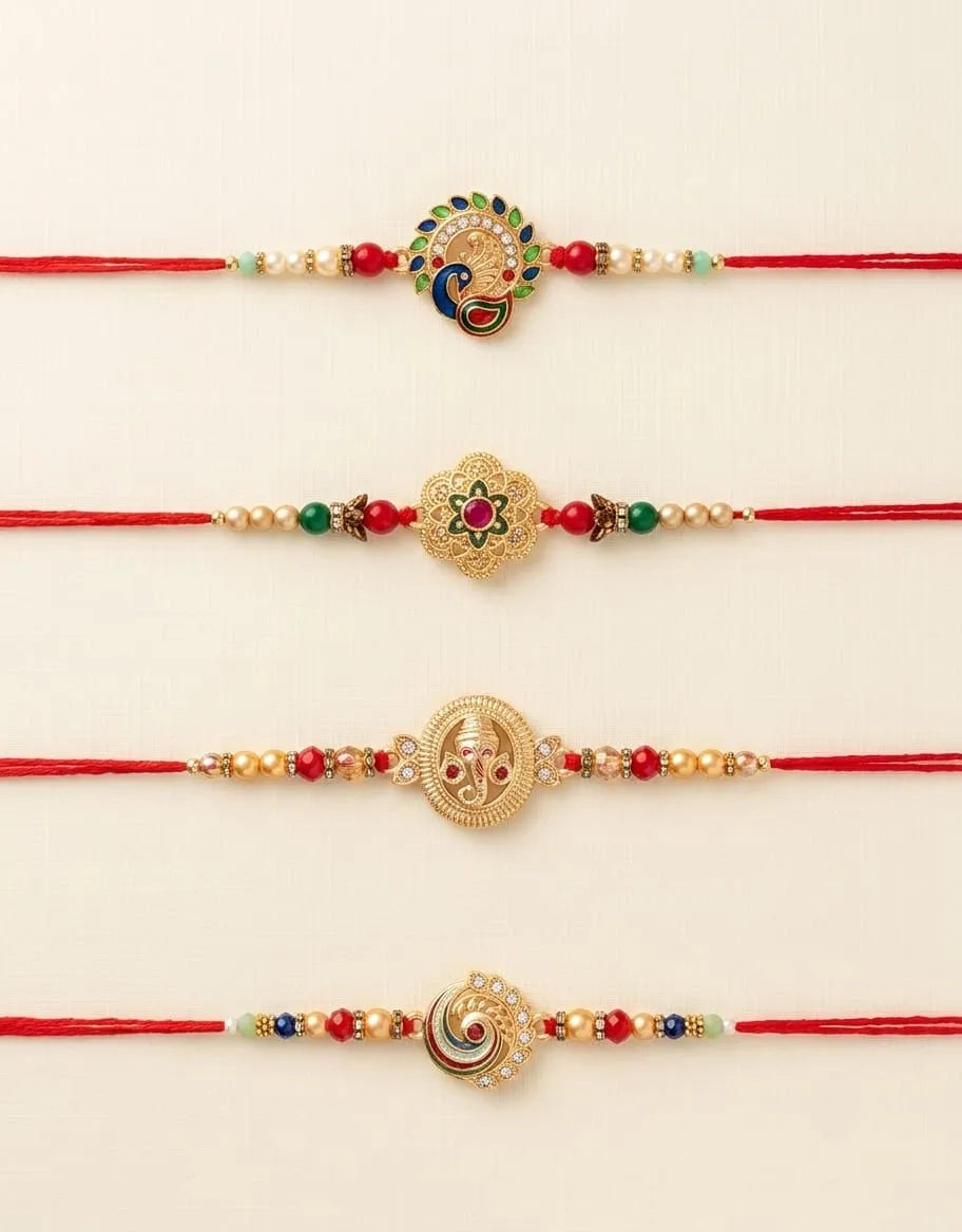 Designer Peacock, Floral, Ganesha & Stone Rakhi Set of 4-Fixed