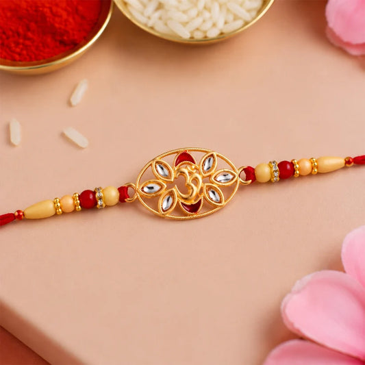 Om Kundan Rakhi – Elegant Pearl Bead Design