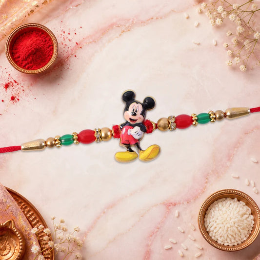 Mickey Mouse Kids Rakhi Pearls Golden Beads Red Thread